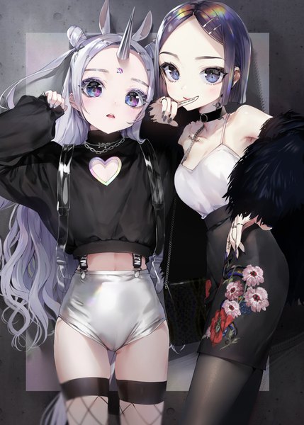 Anime picture 800x1118 with original nekometaru long hair tall image looking at viewer blush short hair breasts open mouth light erotic smile standing purple eyes bare shoulders multiple girls animal ears cleavage silver hair purple hair nail polish