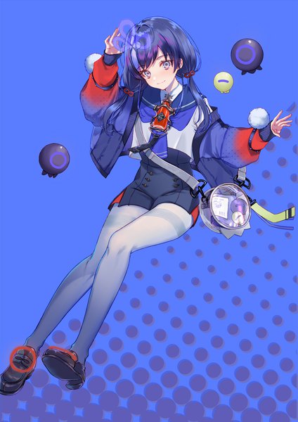 Anime picture 818x1157 with virtual youtuber nijisanji ponto nei oekakikei single long hair tall image looking at viewer blue eyes smile twintails blue hair full body long sleeves arm up open jacket low twintails sleeves past wrists blue background transparent