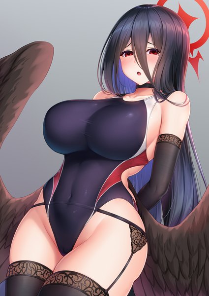Anime picture 717x1012 with blue archive hasumi (blue archive) zuizhong single long hair tall image looking at viewer blush fringe breasts open mouth light erotic black hair simple background hair between eyes red eyes large breasts standing multicolored hair grey background