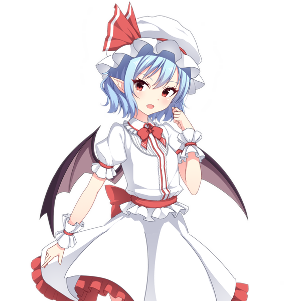 Anime picture 2112x2112 with touhou remilia scarlet junior27016 single looking at viewer fringe highres short hair open mouth simple background red eyes white background blue hair pointy ears short sleeves fang (fangs) puffy sleeves bat wings frilly skirt girl