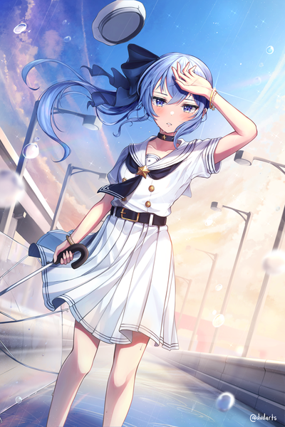 Anime picture 2224x3336 with virtual youtuber hololive hoshimachi suisei dvdarts single long hair tall image looking at viewer fringe highres blue eyes hair between eyes blue hair sky outdoors wind side ponytail sailor collar hat removed headwear removed
