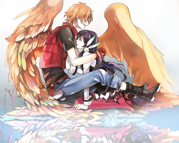 Anime picture 1024x819 with aquarion (series) aquarion evol satelight mikono suzushiro long hair blush short hair black hair blonde hair green eyes eyes closed couple hug girl boy gloves wings boots vest