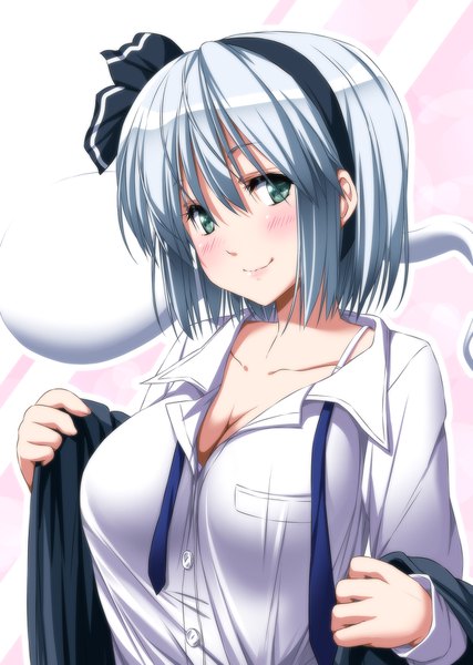 Anime picture 1190x1670 with touhou konpaku youmu nori tamago single tall image looking at viewer blush short hair breasts blue eyes light erotic smile silver hair partially open clothes girl shirt white shirt
