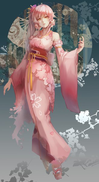 Anime picture 2454x4500 with miracle nikki kuruma zen inu single long hair tall image looking at viewer fringe highres pink hair traditional clothes japanese clothes wide sleeves orange eyes floral print girl hair ornament detached sleeves obi yukata