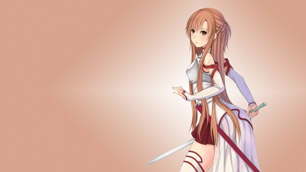 Anime picture 2133x1200 with sword art online a-1 pictures yuuki asuna single long hair looking at viewer blush highres open mouth simple background brown hair wide image brown eyes girl dress weapon detached sleeves sword