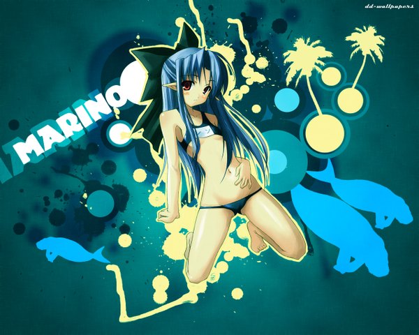 Anime picture 1280x1024 with shingetsutan tsukihime type-moon len (tsukihime) shingo (missing link) shuyin07 single long hair looking at viewer blush light erotic red eyes blue hair full body pointy ears wallpaper character names half updo third-party edit girl swimsuit