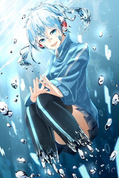 Anime picture 850x1275 with kagerou project vocaloid shaft (studio) ene (kagerou project) bottle ene (kagerou project) bokumaru single tall image looking at viewer short hair open mouth blue eyes smile twintails blue hair pleated skirt liquid hair dissolving girl thighhighs