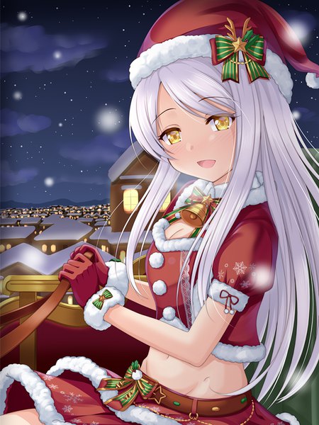 Anime picture 750x1000 with idolmaster idolmaster cinderella girls eve santaclaus u2 (5798239) single long hair tall image looking at viewer blush fringe open mouth smile sitting holding yellow eyes silver hair cloud (clouds) :d night midriff