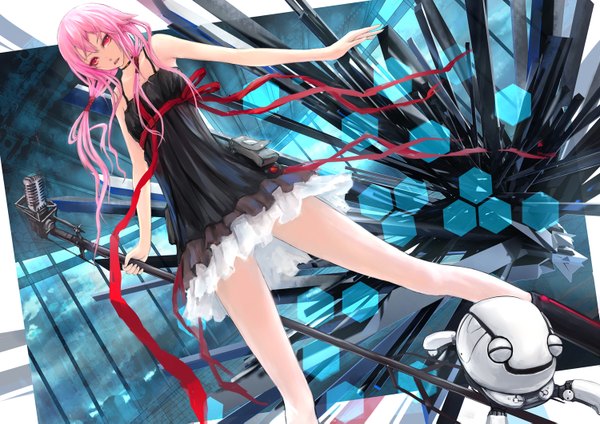 Anime picture 1500x1061 with guilty crown production i.g yuzuriha inori fyu-neru seedmyth single long hair red eyes pink hair girl dress hair ornament ribbon (ribbons) hairclip microphone stand