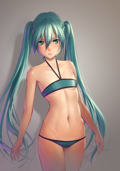 Anime picture 1414x2000 with vocaloid hatsune miku pinakes single long hair tall image blush light erotic simple background twintails bare shoulders aqua eyes aqua hair grey background girl navel swimsuit bikini