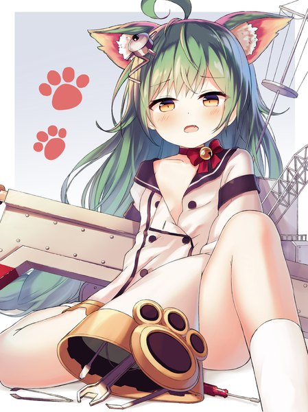 Anime picture 2480x3311 with azur lane akashi (azur lane) satou (3366 s) single long hair tall image looking at viewer highres open mouth light erotic sitting animal ears yellow eyes ahoge long sleeves green hair cat ears fang (fangs) sleeves past wrists flat chest