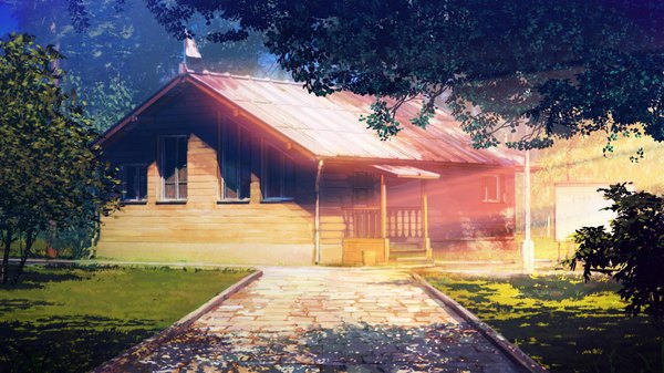 Anime picture 1920x1080 with everlasting summer iichan eroge arsenixc vvcephei highres wide image game cg sunlight shadow wallpaper no people scenic morning collaboration camp plant (plants) tree (trees) window building (buildings) flag