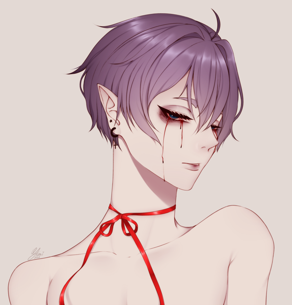 Anime picture 900x939 with original pastel-puke single tall image looking at viewer fringe short hair blue eyes simple background hair between eyes purple eyes bare shoulders signed upper body ahoge parted lips pointy ears grey background portrait blood on face