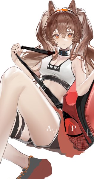 Anime picture 3372x6413 with arknights angelina (arknights) chouchouhei single long hair tall image looking at viewer fringe highres simple background hair between eyes brown hair white background twintails animal ears absurdres cleavage bare legs midriff orange eyes