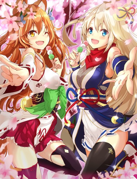 Anime picture 1557x2020 with shironeko project korin (shironeko project) fran (shironeko project) fuku kitsune (fuku fox) long hair tall image looking at viewer blush fringe breasts open mouth blue eyes light erotic blonde hair hair between eyes standing multiple girls animal ears tail :d