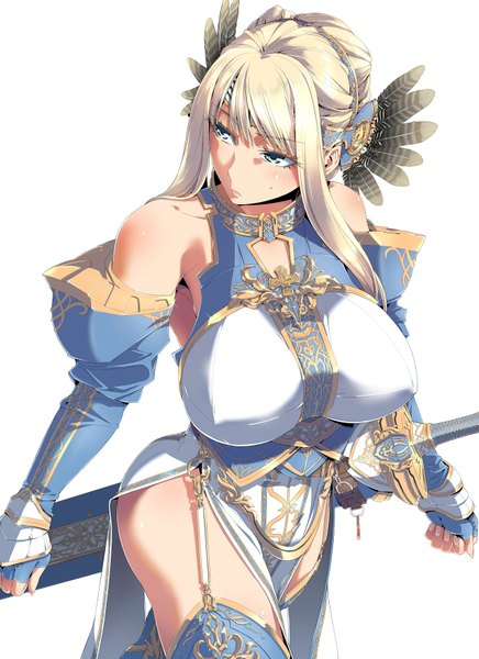 Anime picture 1280x1760 with goddess of defense (game) sherutsu single long hair tall image blush blue eyes light erotic simple background blonde hair white background bare shoulders looking away girl thighhighs hair ornament weapon detached sleeves sword feather (feathers)