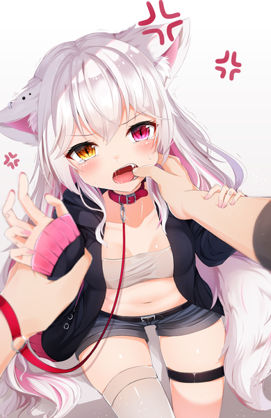 Anime picture 1100x1692 with original shiira (nya rl) tall image looking at viewer blush fringe breasts open mouth light erotic simple background hair between eyes red eyes white background sitting animal ears white hair tail very long hair animal tail from above