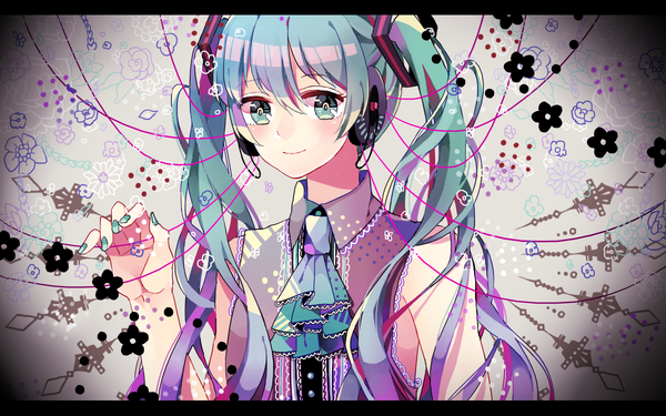 Anime picture 1200x750 with vocaloid hatsune miku sulfur (1453rk) single long hair twintails upper body nail polish aqua eyes light smile aqua hair sleeveless letterboxed girl headphones ascot