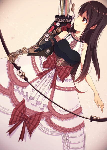 Anime picture 600x842 with kantai collection akagi aircraft carrier shimashima single long hair tall image blush fringe black hair simple background hair between eyes standing bare shoulders holding brown eyes payot looking away profile light smile sparkle