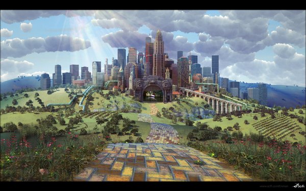 Anime picture 1332x832 with the wizard of oz wide image game cg cloud (clouds) city no people landscape street field road skyscraper path