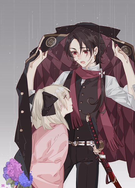 Anime picture 800x1111 with fate (series) touken ranbu nitroplus okita souji (fate) (all) okita souji (koha-ace) kashuu kiyomitsu instockee long hair tall image blush fringe short hair open mouth simple background blonde hair smile hair between eyes red eyes brown hair standing