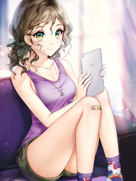 Anime picture 750x1000 with original gigamessy single long hair tall image looking at viewer fringe breasts smile hair between eyes brown hair sitting bare shoulders holding signed yellow eyes bent knee (knees) indoors blurry sleeveless