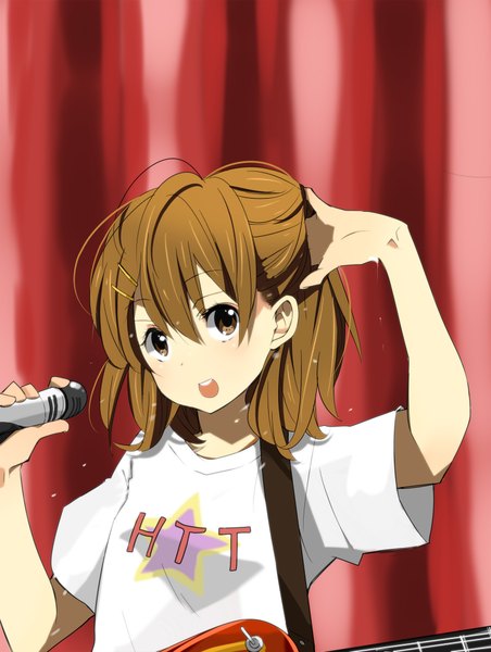 Anime picture 1500x1990 with k-on! kyoto animation hirasawa yui meno (artist) single tall image short hair open mouth brown hair brown eyes girl hair ornament bobby pin microphone guitar