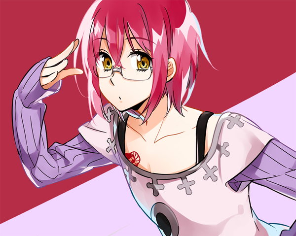 Anime picture 800x639 with nanatsu no taizai a-1 pictures gowther (nanatsu no taizai) wannyanpu single looking at viewer fringe short hair simple background hair between eyes yellow eyes pink hair arm up tattoo leaning leaning forward sleeves past wrists otoko no ko boy glasses