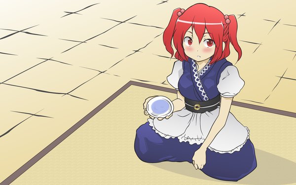 Anime picture 1280x800 with touhou onozuka komachi tagme (artist) blush fringe short hair hair between eyes red eyes wide image twintails red hair from above kneeling short twintails girl hair bobbles