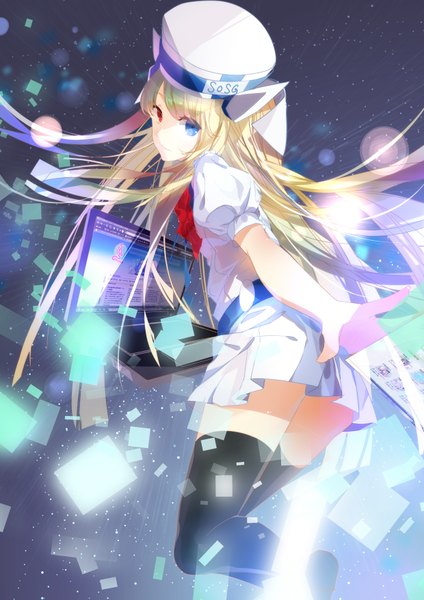 Anime picture 2480x3507 with original h2so4kancel single long hair tall image highres blonde hair looking back heterochromia girl thighhighs black thighhighs hat miniskirt laptop