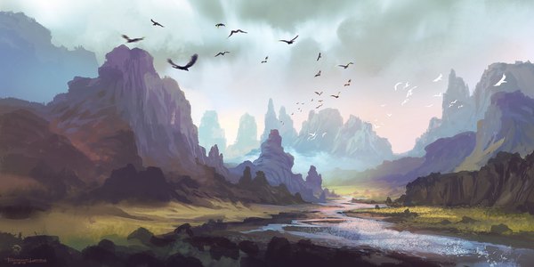 Anime picture 1920x960 with original ferdinand ladera highres wide image sky dated mountain no people landscape river fog animal bird (birds)