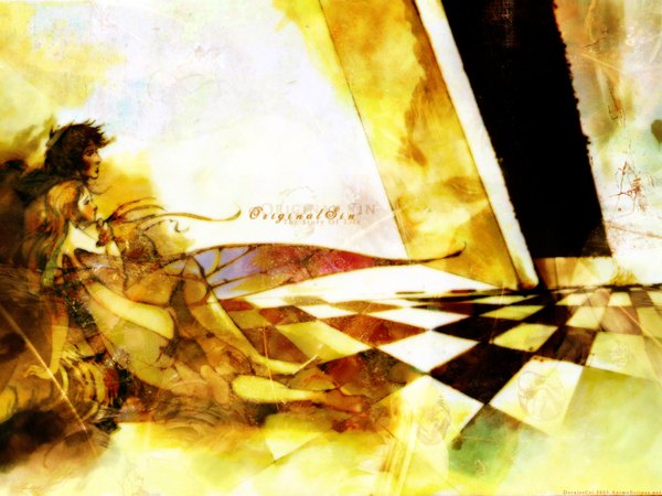 Anime picture 1600x1200 with original amano yoshitaka long hair short hair black hair blonde hair couple checkered floor insect wings butterfly wings girl boy