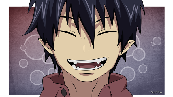 Anime picture 2000x1125 with ao no exorcist a-1 pictures okumura rin morrow single highres short hair open mouth black hair smile wide image eyes closed pointy ears teeth border close-up ^ ^ vector sharp teeth ^o^
