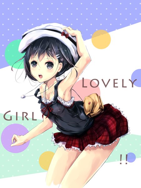 Anime picture 1151x1530 with original oyeung single tall image looking at viewer short hair open mouth black hair black eyes inscription girl skirt hat miniskirt pendant bag