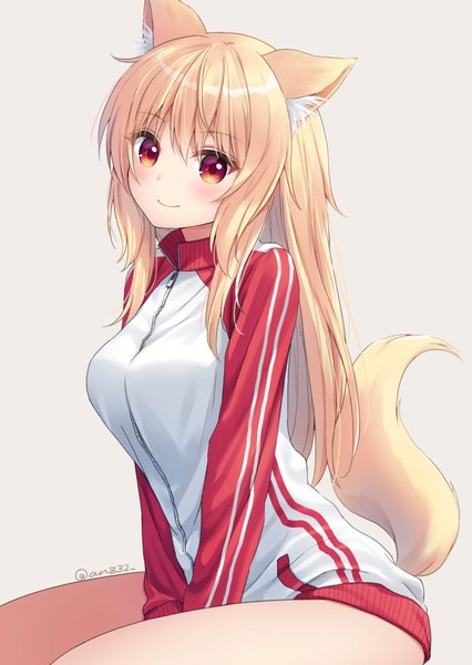 Anime picture 676x951 with original tiffy anz32 single long hair tall image looking at viewer blush fringe simple background blonde hair smile hair between eyes red eyes sitting signed animal ears tail animal tail twitter username
