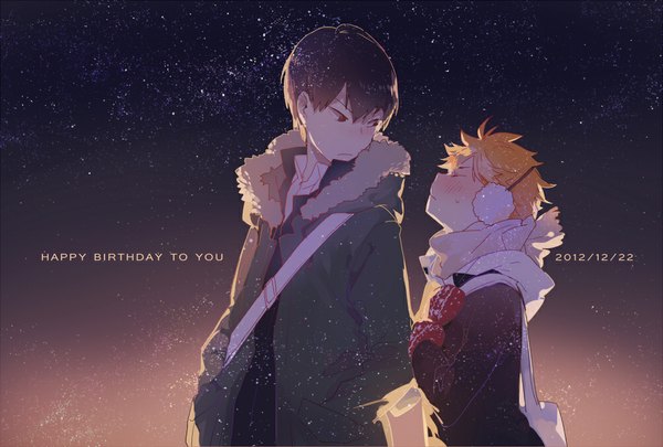 Anime picture 1000x675 with haikyuu!! production i.g hinata shouyou kageyama tobio rella blush short hair black hair eyes closed orange hair night open clothes open jacket multiple boys night sky hands in pockets boy jacket scarf 2 boys