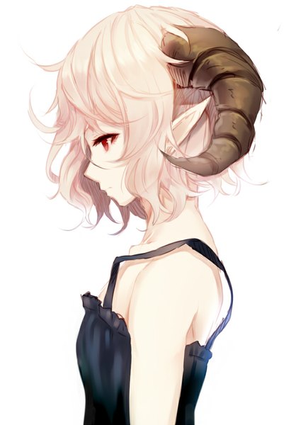 Anime picture 708x1000 with original paseri single tall image short hair simple background red eyes white background bare shoulders looking away white hair profile horn (horns) pointy ears close-up girl dress black dress
