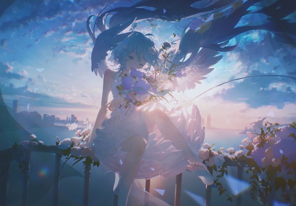 Anime picture 5262x3672 with vocaloid hatsune miku konya karasue single long hair fringe highres open mouth blue eyes smile sitting twintails holding blue hair absurdres sky cloud (clouds) ahoge outdoors one eye closed