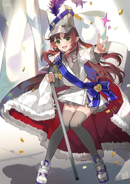 Anime picture 910x1286 with arknights myrtle (arknights) myrtle (light gold celebration) (arknights) eihi single long hair tall image open mouth green eyes full body red hair :d pointy ears official alternate costume victory knees touching girl thighhighs black thighhighs hat