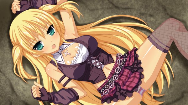 Anime picture 1366x768 with demon master chris saiga kurisu vioka single long hair looking at viewer blush open mouth blue eyes light erotic blonde hair wide image twintails bare shoulders game cg cleavage arms up armpit (armpits) on back spread legs