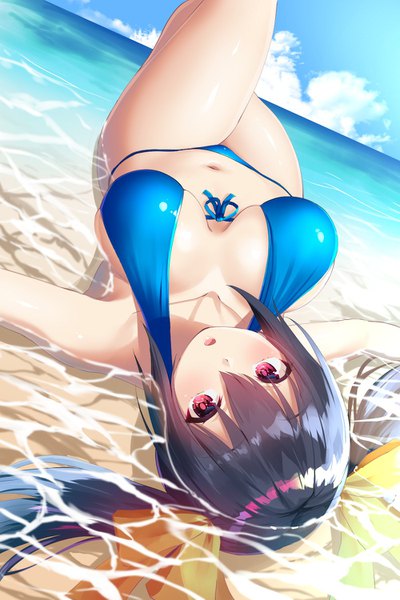 Anime picture 1000x1500 with choujigen game neptune noire oekakizuki single long hair tall image looking at viewer blush fringe breasts open mouth light erotic black hair hair between eyes red eyes large breasts twintails payot sky cloud (clouds)