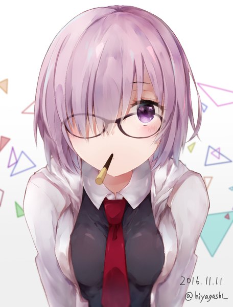 Anime picture 712x936 with fate (series) fate/grand order mash kyrielight hiyagashi single tall image looking at viewer blush fringe short hair white background purple eyes signed purple hair blurry hair over one eye dated food in mouth pocky day incoming pocky kiss