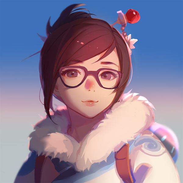 Anime picture 800x800 with overwatch blizzard entertainment mei (overwatch) ask (askzy) single looking at viewer short hair simple background smile brown hair brown eyes upper body lips hair bun (hair buns) fur trim gradient background portrait girl hair ornament glasses