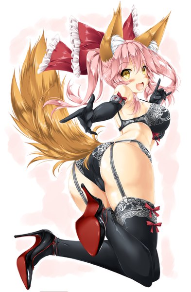 Anime picture 851x1300 with fate (series) fate/grand order fate/extra tamamo (fate) (all) tamamo cat (fate) kamiya tomoe single long hair tall image looking at viewer blush fringe breasts open mouth light erotic simple background hair between eyes large breasts white background twintails