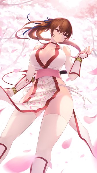 Anime-Bild 900x1600 mit dead or alive kasumi (doa) cait single long hair tall image fringe breasts light erotic simple background hair between eyes brown hair large breasts standing white background bare shoulders brown eyes looking away cleavage ponytail