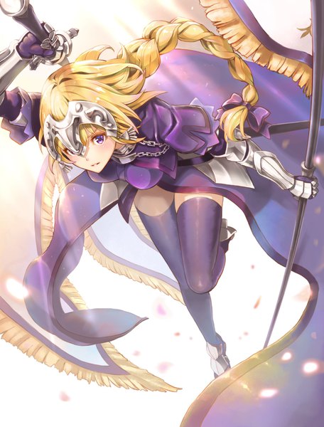 Anime picture 1485x1951 with fate (series) fate/grand order fate/apocrypha jeanne d'arc (fate) (all) jeanne d'arc (fate) hoshizaki reita single tall image looking at viewer blush fringe breasts simple background blonde hair hair between eyes white background purple eyes holding full body bent knee (knees)