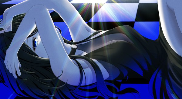 Anime picture 4480x2450 with original nisikm single long hair looking at viewer fringe highres breasts blue eyes black hair wide image absurdres lying nail polish mole arms up on back sleeveless mole under eye light