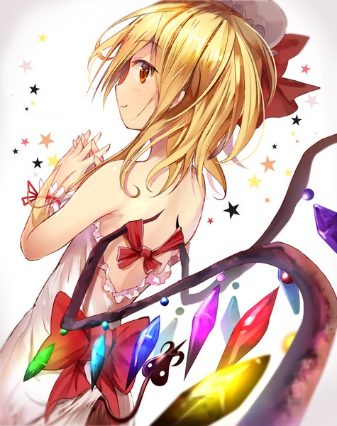 Anime picture 713x900 with touhou flandre scarlet efe single long hair tall image blonde hair simple background smile red eyes standing bare shoulders looking away tail profile loli alternate costume demon tail interlocked fingers girl