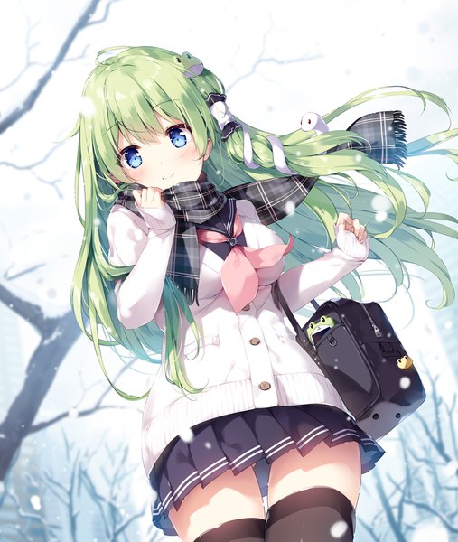 Anime picture 724x857 with touhou kochiya sanae miyase mahiro single long hair tall image looking at viewer blush blue eyes light erotic smile payot outdoors pleated skirt arm up green hair wind from below depth of field zettai ryouiki