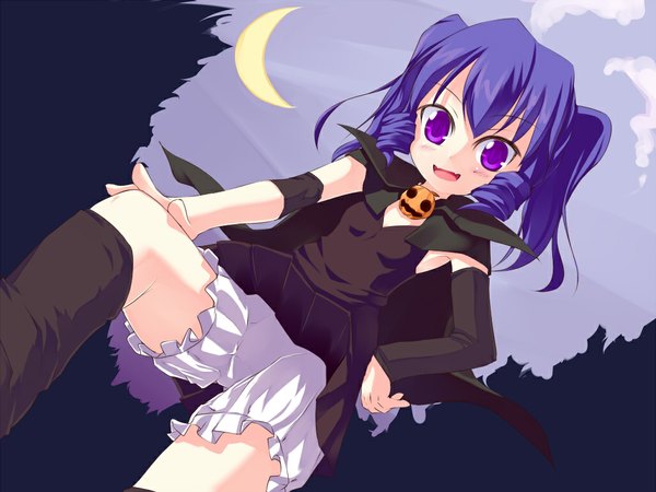 Anime picture 1024x768 with original kuro (be ok) light erotic purple eyes blue hair halloween